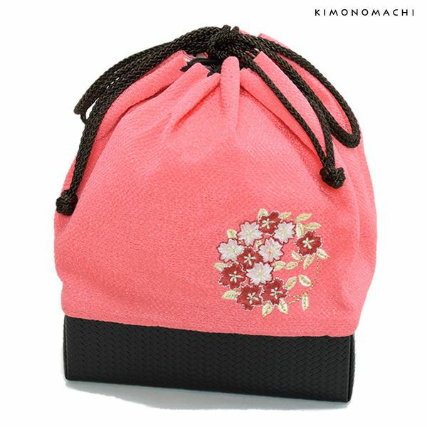 刺繍巾着「ピンク色 桜の輪刺繍」刺繍 ちりめん巾着   袴巾着