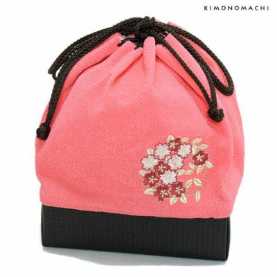 Prices down2】刺繍巾着「ピンク色 桜の輪刺繍」刺繍 ちりめん巾着 袴