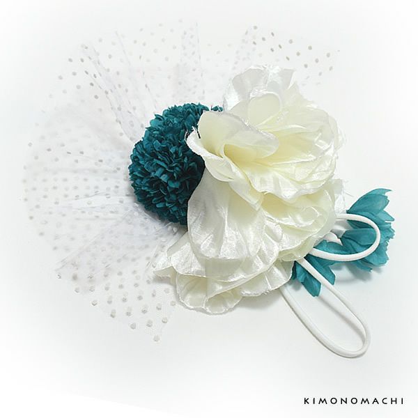 振袖髪飾り「白色、ターコイズのお花、レース飾り」振袖 ヘッドドレス 卒業式の袴に ヘアアクセサリー お花髪飾り