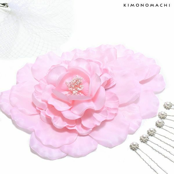 振袖髪飾りセット「薄ピンク色の大きなお花、レース、Uピン飾り」振袖 ヘッドドレス 卒業式の袴に ヘアアクセサリー お花髪飾り