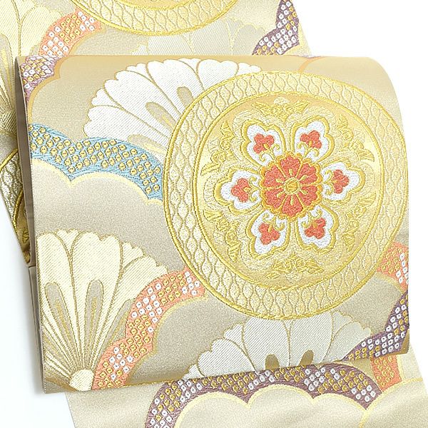 西陣織袋帯「ゴールド 花重ねに華文」西陣織 振袖 京都西陣 正絹帯 未仕立て