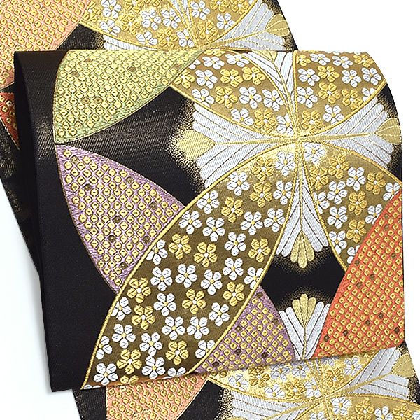 西陣織袋帯「黒色 輪繋ぎに唐松」西陣織 振袖 京都西陣 正絹帯 未仕立て