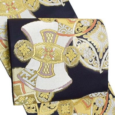 【Prices down3】西陣織袋帯「黒色 七宝花菱、分胴」西陣織 振袖 京都西陣 正絹帯 未仕立て 【メール便不可】＜T＞ss2503ofr10