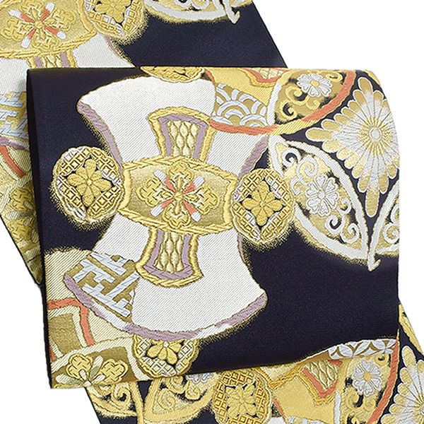 西陣織袋帯「黒色 七宝花菱、分胴」西陣織 振袖 京都西陣 正絹帯 未仕立て