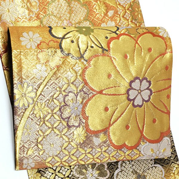 振袖袋帯「黒×橙×藤鼠色 段ぼかし 流水に花」振袖 西陣織 振袖帯 六通柄 未仕立て