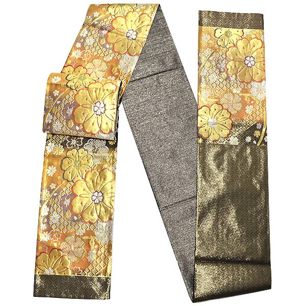 【Prices down】振袖袋帯「黒×橙×藤鼠色 段ぼかし 流水に花」振袖 西陣織 振袖帯 六通柄 未仕立て 【メール便不可】ss2206ofr10<T>