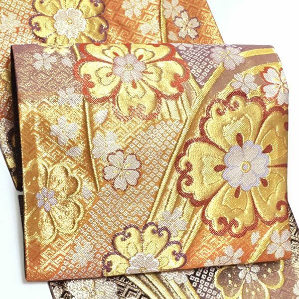 振袖袋帯「黒×橙×藤鼠色 段ぼかし 滝流れに花文」振袖 西陣織 振袖帯 六通柄 未仕立て
