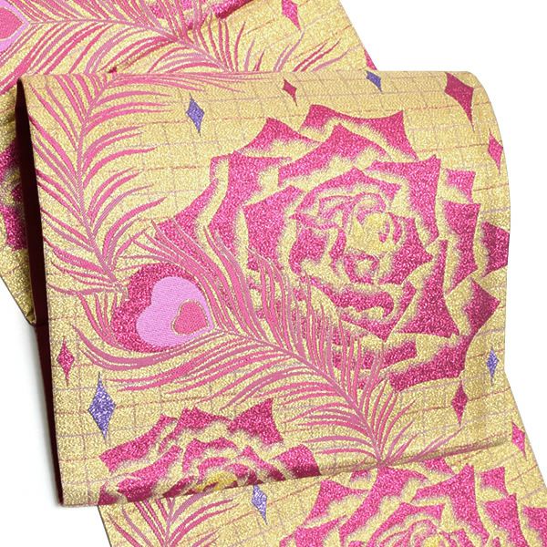 振袖袋帯「ゴールド 孔雀の羽根、薔薇」振袖 西陣織 振袖帯 全通柄 未仕立て