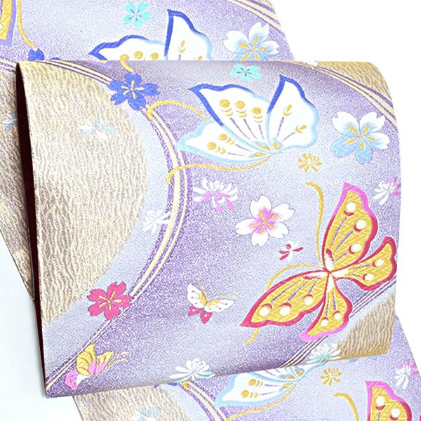 振袖袋帯「ゴールド×青藤色 蝶と桜」振袖 西陣織 振袖帯 全通柄 未仕立て
