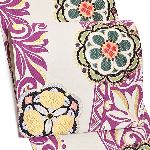 振袖袋帯「白色 モダン唐草、花文」振袖 西陣織 振袖帯 六通柄 未仕立て