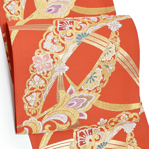 振袖袋帯「朱赤色 露芝に唐草」振袖 西陣織 振袖帯 六通柄 未仕立て