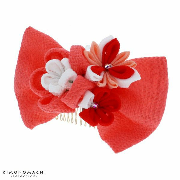 リボン髪飾り「オレンジピンク」リボン 袴髪飾り つまみ細工髪飾り ちりめんリボン お花髪飾り