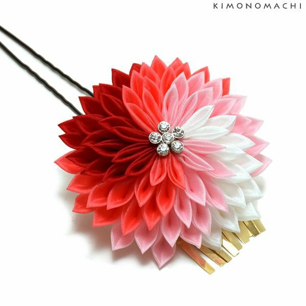 振袖髪飾り「ピンク×赤色 つまみのお花」振袖 成人式 前撮り つまみ細工のお花髪飾り つまみ細工かんざし