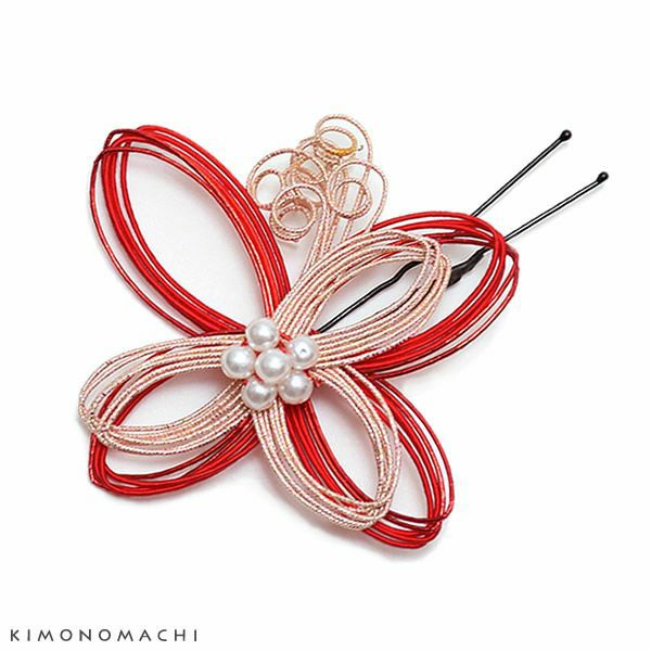 水引き髪飾り「赤×ピンクゴールド」ポイント髪飾り 振袖、袴に ヘアアクセサリー ヘアアレンジ Uピン髪飾り （UP-8）