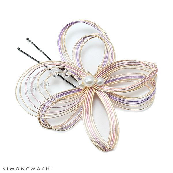 水引き髪飾り「ゴールド×パープル」ポイント髪飾り 振袖、袴に ヘアアクセサリー ヘアアレンジ Uピン髪飾り （UP-9）