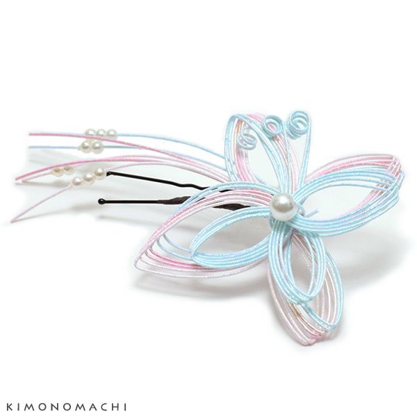 水引き髪飾り「水色×ピンク」ポイント髪飾り 振袖、袴に ヘアアクセサリー ヘアアレンジ Uピン髪飾り （UP-12）