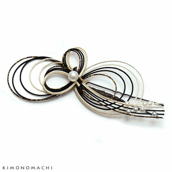 水引き髪飾り「黒×ゴールド」ポイント髪飾り 振袖、袴に ヘアアクセサリー ヘアアレンジ Uピン髪飾り （UP-3）