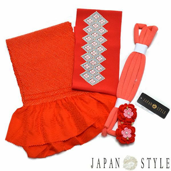 JAPAN STYLE小物セット「朱赤色絞り帯揚げ、刺繍半衿、丸ぐけ」ハーフ成人式、七五三 帯揚げ、刺繍半衿、帯締め キッズ 子供小物 7歳、10歳のお子様に  こども 753