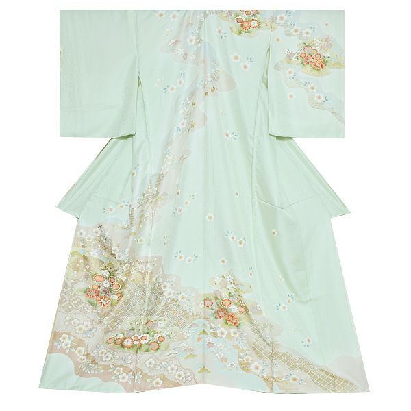 未仕立て訪問着単品「白緑色 絞り風吉祥草花」未仕立て 正絹着物   仮絵羽