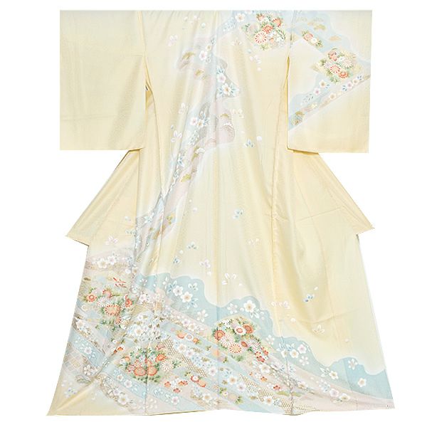 未仕立て訪問着単品「クリーム色 絞り風吉祥草花」未仕立て 正絹着物   仮絵羽