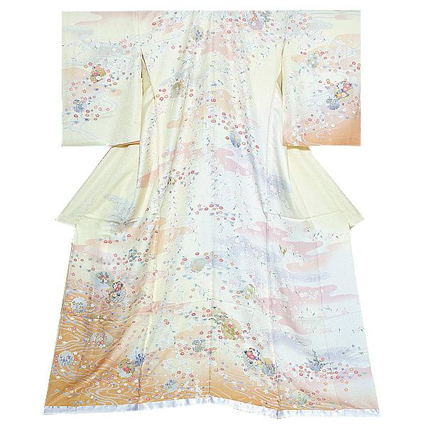 未仕立て訪問着単品「淡黄色 霞、雪輪に吉祥草花」未仕立て 正絹着物   仮絵羽