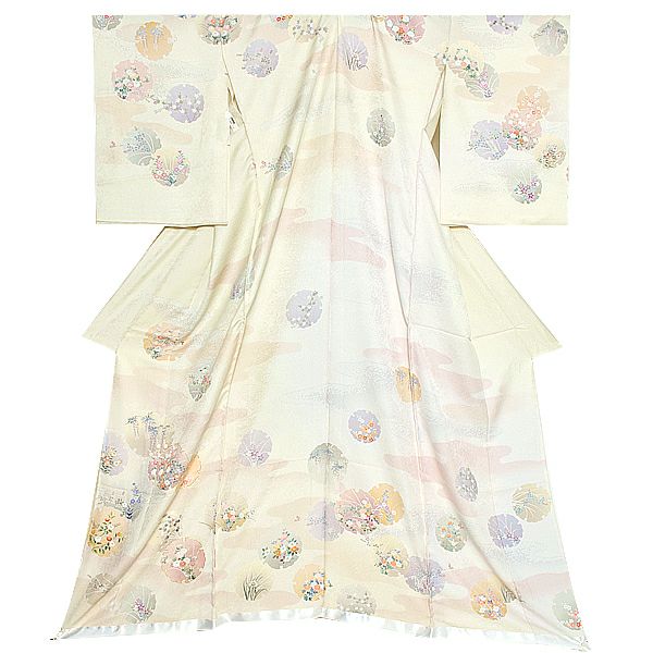 未仕立て訪問着単品「白黄緑色 雪輪に草花」未仕立て 正絹着物   仮絵羽
