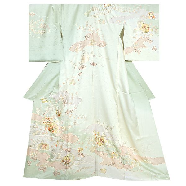 未仕立て訪問着単品「ウォーターグリーン 雲、雪輪に吉祥草花」未仕立て 正絹着物   仮絵羽