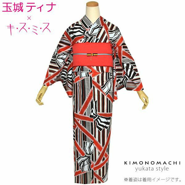 玉城ティナ×キスミス浴衣単品「黒×赤 ストライプにリボン」ブランド浴衣 プレタ浴衣 お仕立て上がり フリーサイズ 女性浴衣 (6TSY-8)
