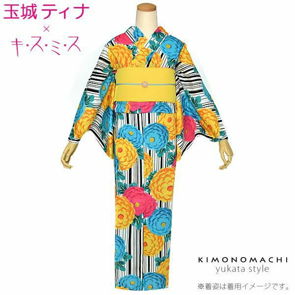 玉城ティナ×キスミス浴衣単品「黒×白 ストライプに菊花」ブランド浴衣 プレタ浴衣 お仕立て上がり フリーサイズ 女性浴衣 (6TSY-12)