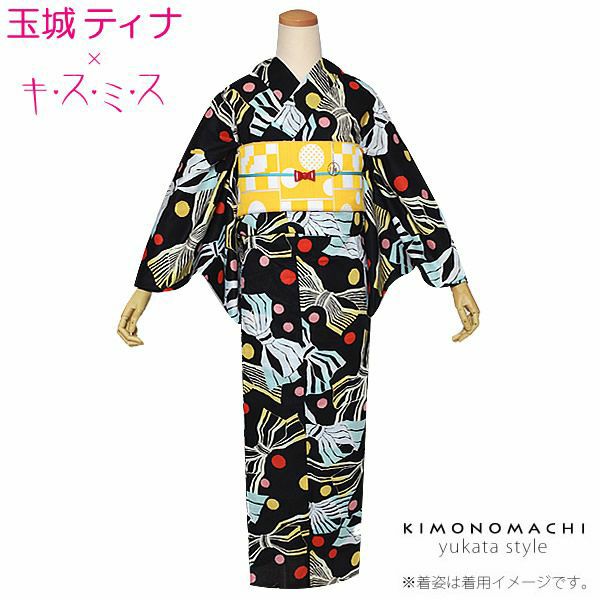 玉城ティナ×キスミス浴衣単品「黒色 リボンと水玉」ブランド浴衣 プレタ浴衣 お仕立て上がり フリーサイズ 女性浴衣 (6TSY-20)
