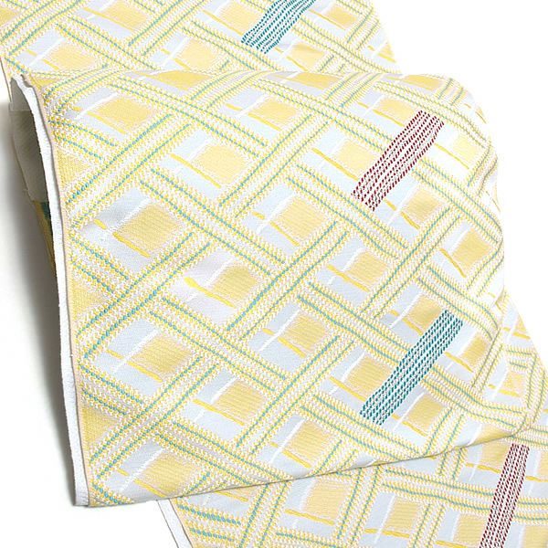 九寸名古屋帯「オフホワイト 斜め格子」未仕立て 小紋、紬、お洒落着に 正絹名古屋帯 九寸名古屋帯 洒落帯