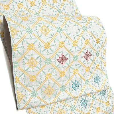 【Prices down3】九寸名古屋帯「薄グリーン 格子に花文」未仕立て 小紋、紬、お洒落着に 正絹名古屋帯 九寸名古屋帯 洒落帯 【メール便不可】＜T＞ss2503ong10