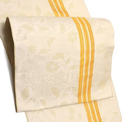 【Prices down3】九寸名古屋帯「ベージュイエロー 花更紗に縞」未仕立て 小紋、紬、お洒落着に 正絹名古屋帯 九寸名古屋帯 洒落帯 【メール便不可】＜T＞ss2503ong10