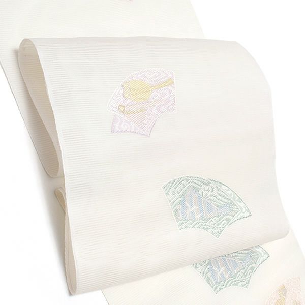 夏絽名古屋帯「アイボリー 扇面」未仕立て 小紋、紬、お洒落着に 正絹名古屋帯 九寸名古屋帯 洒落帯