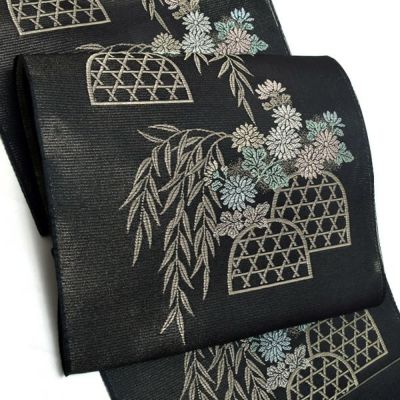 【Prices down2】夏絽名古屋帯「黒色 籬に菊花」未仕立て 小紋、紬、お洒落着に 正絹名古屋帯 九寸名古屋帯 洒落帯 【メール便不可】＜T＞ss2503ong10