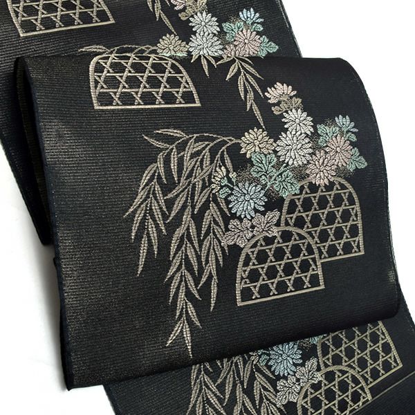 夏絽名古屋帯「黒色 籬に菊花」未仕立て 小紋、紬、お洒落着に 正絹名古屋帯 九寸名古屋帯 洒落帯