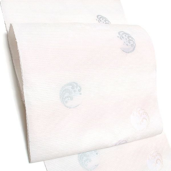 夏絽名古屋帯「ピンク色ぼかし 波の丸文」未仕立て 小紋、紬、お洒落着に 正絹名古屋帯 九寸名古屋帯 洒落帯