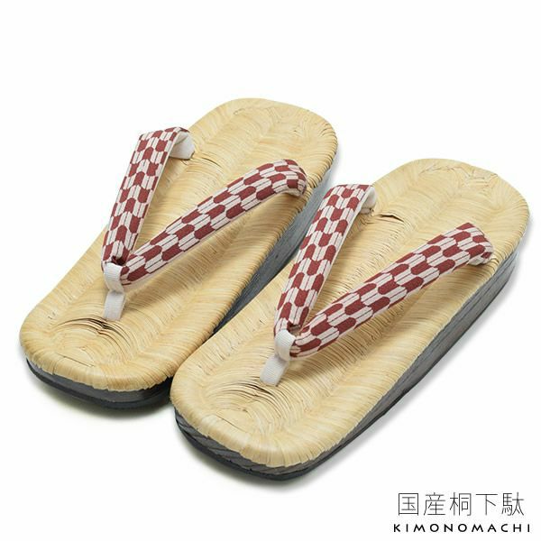 畳表下駄単品「エンジ 絣風矢羽根」舟形 女性下駄 日本製 夏着物、浴衣に 桐下駄