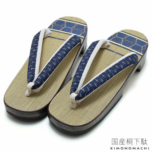 天貼下駄単品「紺色 十字絣」右近 女性下駄 日本製 夏着物、浴衣に 桐下駄