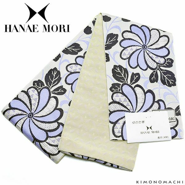 ハナエモリ半幅帯「白グレー×青藤色 レトロフラワー」小袋帯 細帯 ブランド帯 花火大会、夏祭りに 日本製