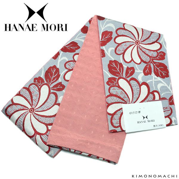 ハナエモリ半幅帯「薄グレー×赤紅色 レトロフラワー」小袋帯 細帯 ブランド帯 花火大会、夏祭りに 日本製