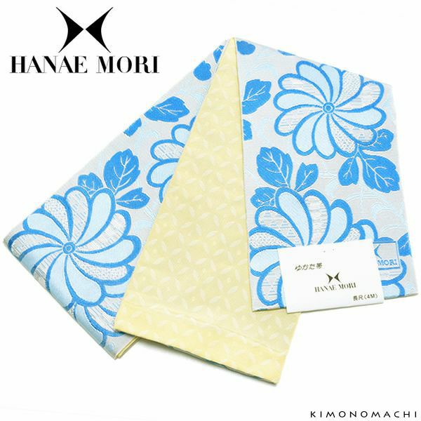 ハナエモリ半幅帯「藍白×ブルー レトロフラワー」小袋帯 細帯 ブランド帯 花火大会、夏祭りに 日本製