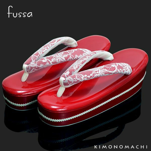 【Prices down2】fussa草履単品「赤色 レース」カッティング紐花コサージュ フッサ ブランド草履 成人式の前撮りに 振袖草履 【メール便不可】ss2406zbg20