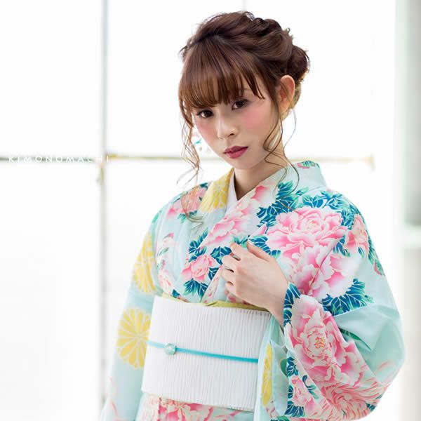 お仕立て上がり夏着物単品「水色 牡丹と菊花」L、TL、2L ポリエステル着物 絽 単衣 洗える着物