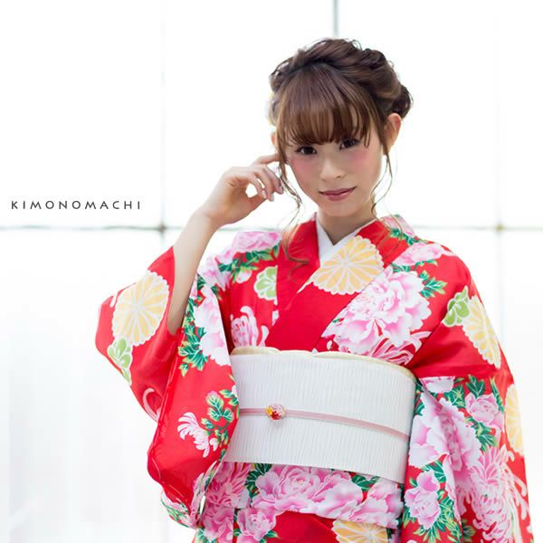 お仕立て上がり夏着物単品「赤色 牡丹と菊花」L、TL、2L ポリエステル着物 絽 単衣 洗える着物