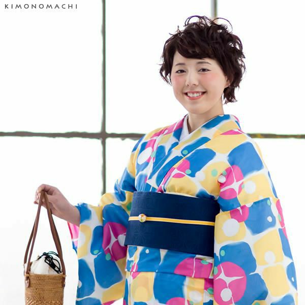 お仕立て上がり夏着物単品「ブルー 幾何学」L、TL、2L ポリエステル着物 絽 単衣 洗える着物