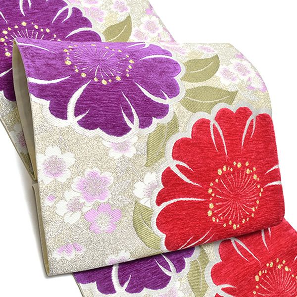 振袖袋帯「赤紅、紫色 桜」未仕立て 振袖帯 袋帯  正絹帯