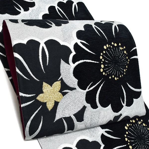 振袖袋帯「黒×シルバー 桜」未仕立て 振袖帯   正絹帯