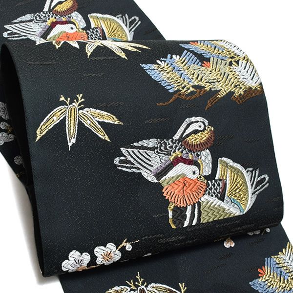 Prices down2】礼装袋帯「黒墨色 松竹梅鴛鴦文」未仕立て 京都西陣 六  