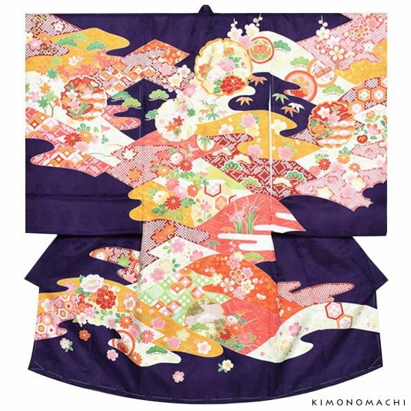 女の子のお宮参り着物祝い着（熨斗目）「紫色 雪輪」八重 一ツ身 産着 七五三   女児 753